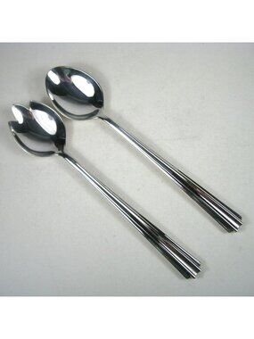 Stainless Steel Serving Spoon and Fork Set 10 inch Ribbed Handles Italy Vintage